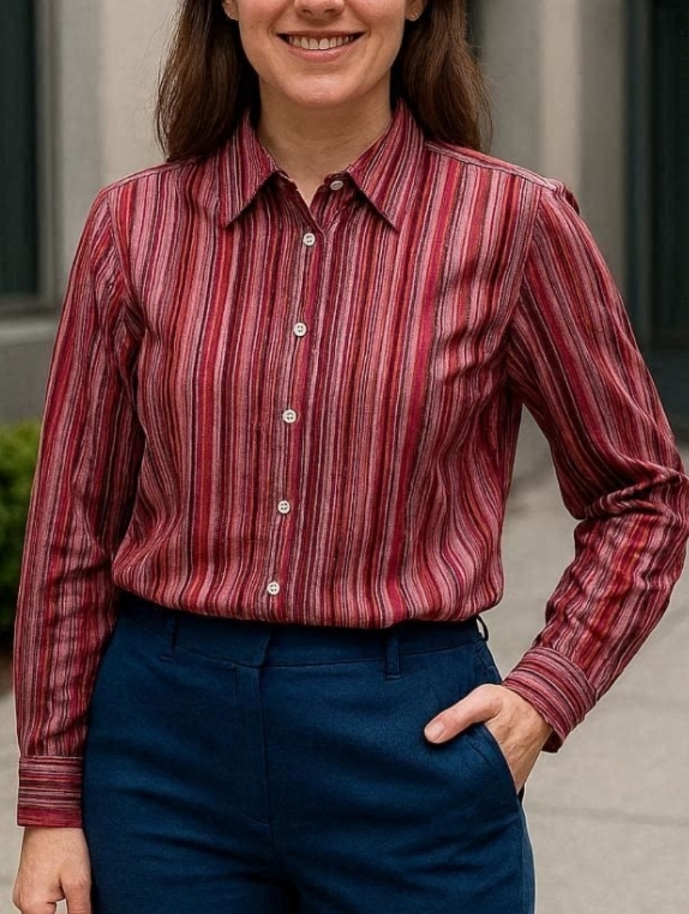 Eddie Bauer Pink and Wine Striped Button Down Long Sleeve Shirt- Wrinkle Free- S